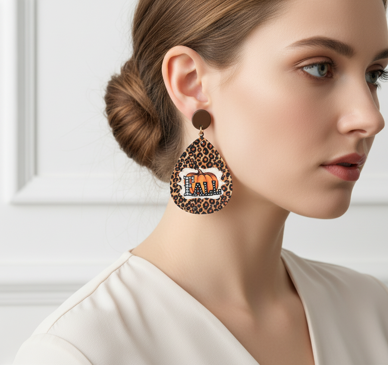 Shop the Liona Autumn Roar Earrings — bold leopard print teardrops with a pumpkin “FALL” design. Lightweight statement earrings that radiate autumn confidence. 🍁