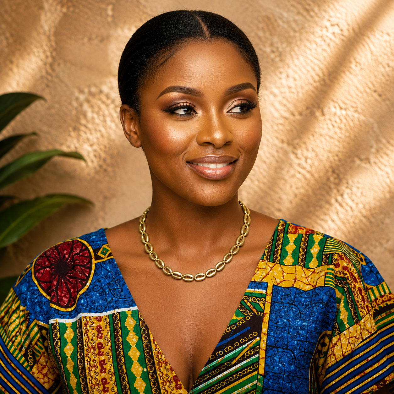 A woman with her hair pulled back wears a colorful African wax print top with blue, green, yellow, and red patterns, a gold chain necklace, and is posing in front of a textured beige wall with soft leaf shadows.