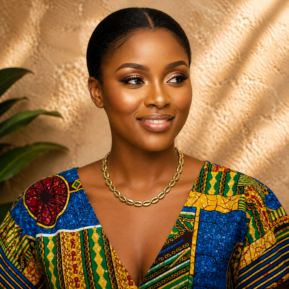 A woman with her hair pulled back wears a colorful African wax print top with blue, green, yellow, and red patterns, a gold chain necklace, and is posing in front of a textured beige wall with soft leaf shadows.