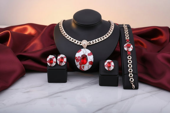 Bold red and gold 4-piece celebrity-style jewelry set displayed on a black stand, featuring a chunky gold chain necklace with a large oval red gemstone pendant, matching red gemstone earrings, a coordinating bracelet, and a statement ring, all designed with a glamorous high-fashion look.