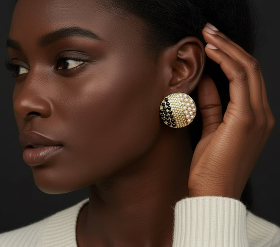 Miss Youniverse round gold statement earrings with black and white pearl details for women.