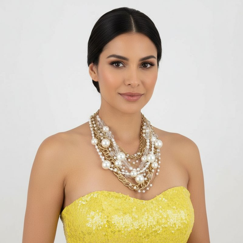 Woman wearing a yellow strapless dress and multiple pearl necklaces on a plain background