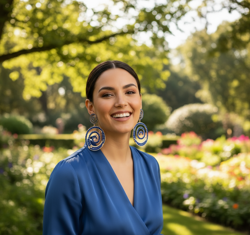 Large turquoise spiral rhinestone statement earrings on gold base — bold dangle earrings with double swirl design, perfect for evening glamour or stylish everyday looks