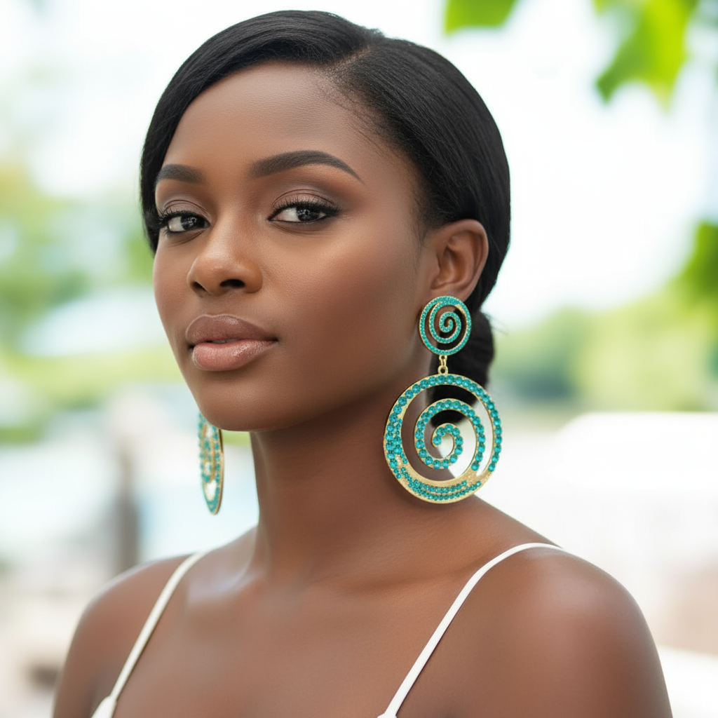 Large turquoise spiral rhinestone statement earrings on gold base — bold dangle earrings with double swirl design, perfect for evening glamour or stylish everyday looks