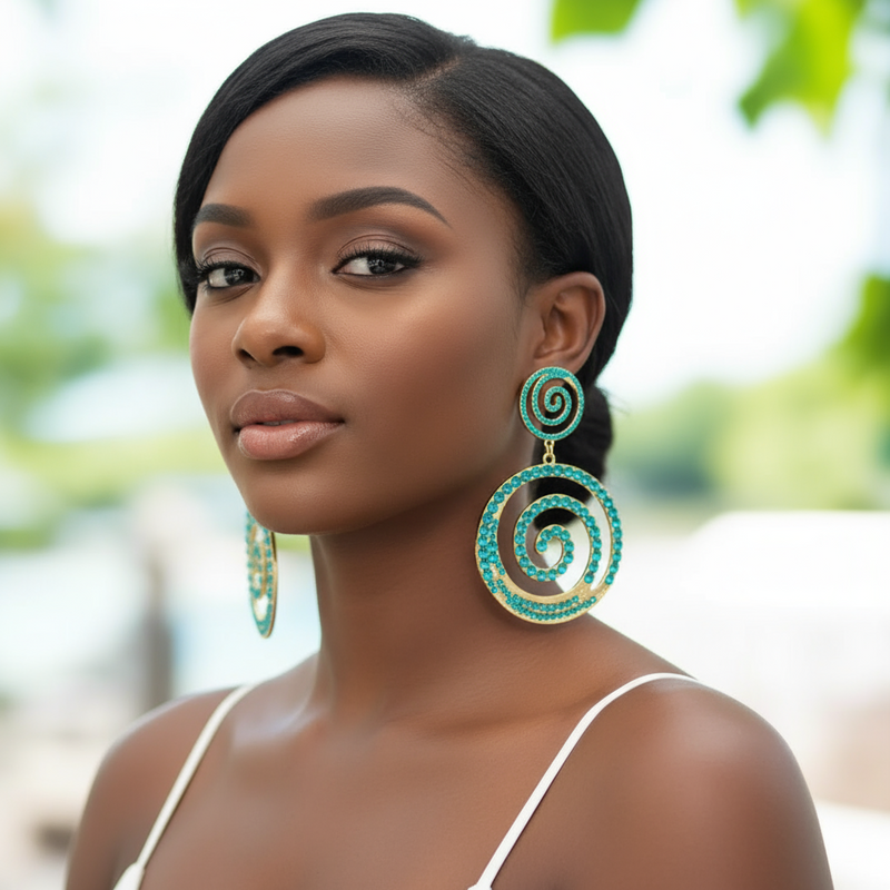 Large turquoise spiral rhinestone statement earrings on gold base — bold dangle earrings with double swirl design, perfect for evening glamour or stylish everyday looks
