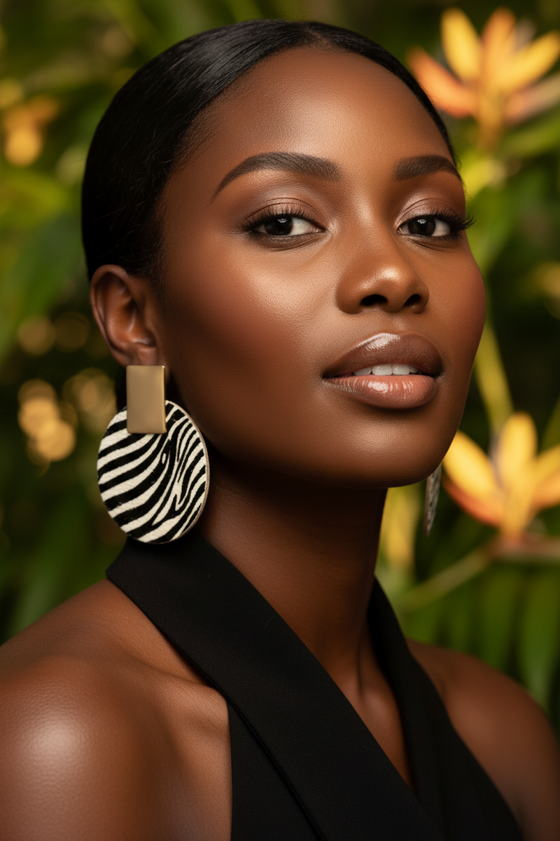 A pair of round statement earrings with a black and white zebra pattern and beige square studs.