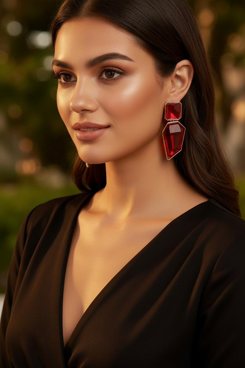 A close-up portrait of a woman wearing a pair of chunky, geometric red drop earrings with a silver-toned setting, set against a softly blurred outdoor background.