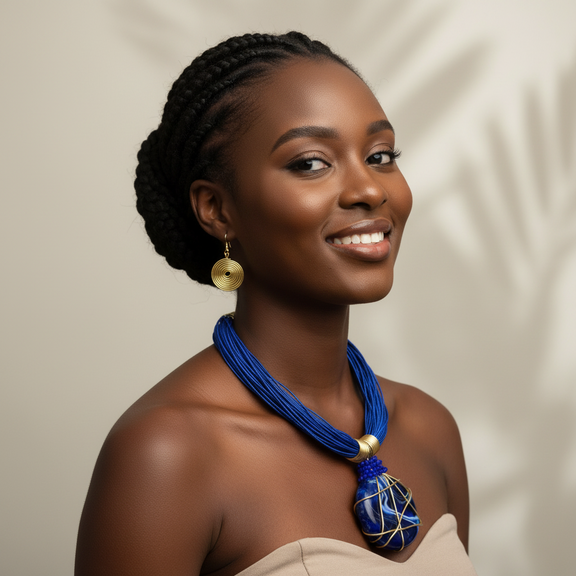 Woman wearing a blue necklace with a large pendant on a beige background