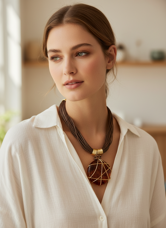 Woman wearing a necklace with a large pendant in a softly lit room.