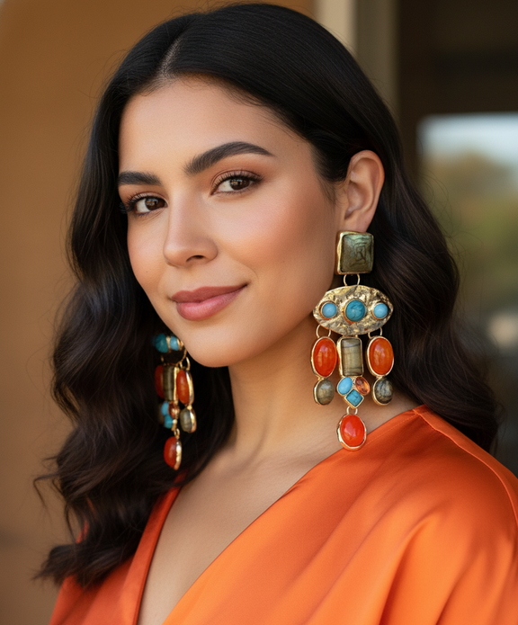 Woman wearing large, colorful earrings with an orange top.