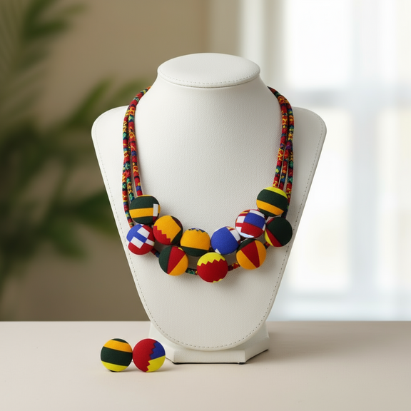 African-inspired Ankara print necklace with multicolor fabric-wrapped beads and matching button earrings displayed on a mannequin.