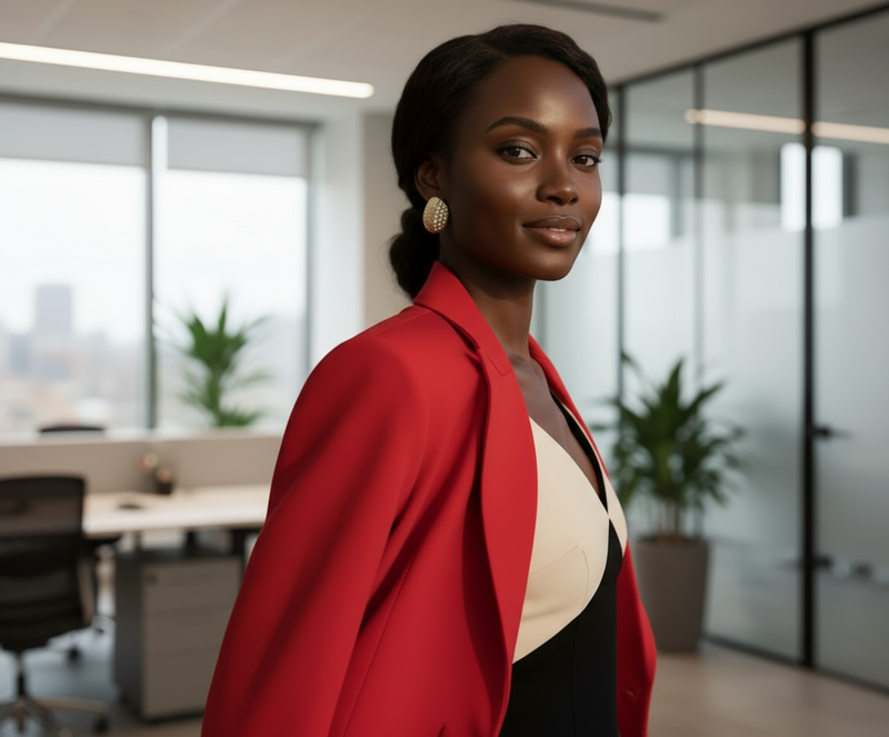 Woman in a red blazer standing in an office setting