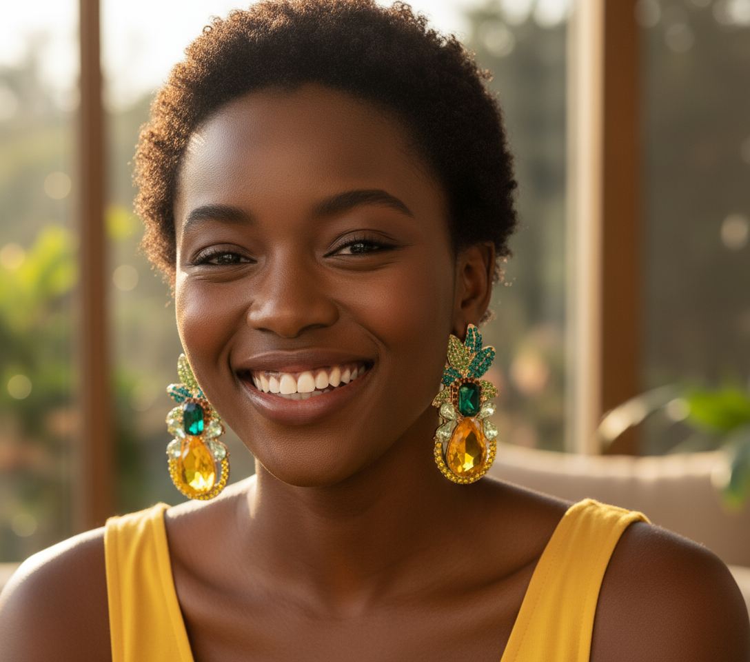 Woman wearing large, colorful earrings with a blurred outdoor background