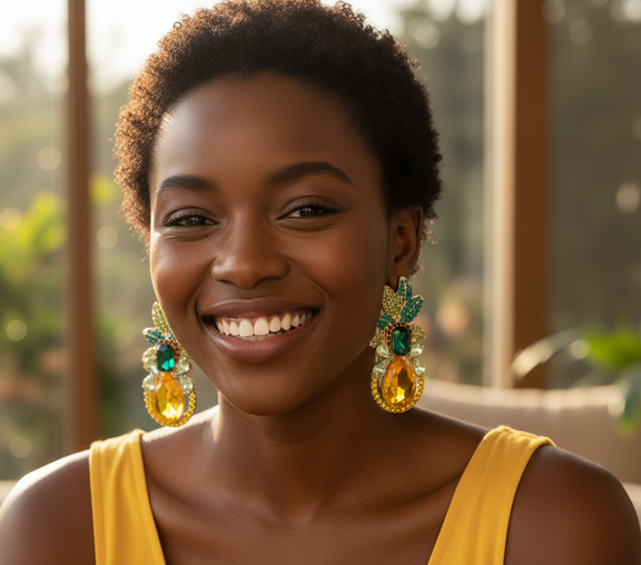 Woman wearing large, colorful earrings with a blurred outdoor background