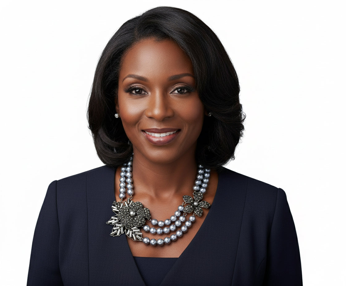Woman wearing a dark blazer and pearl necklace on a white background