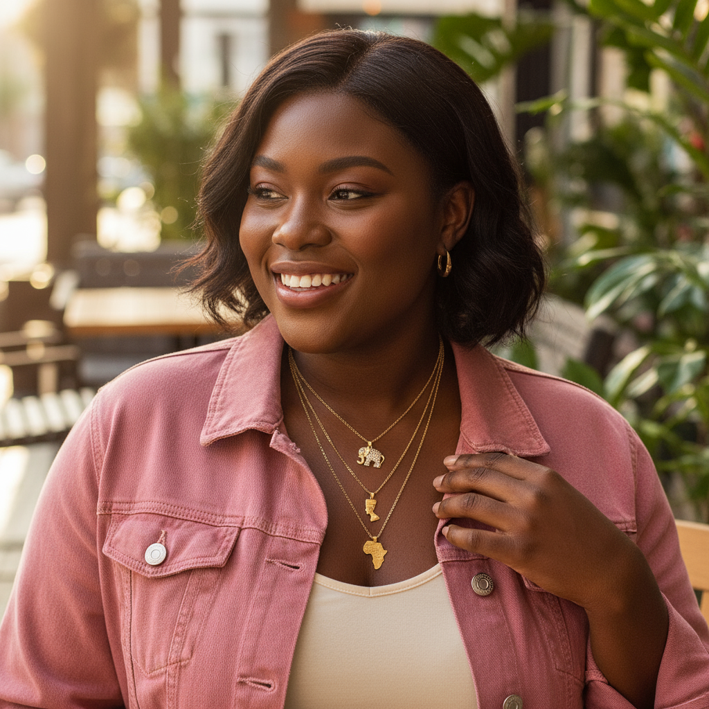 Woman wearing a pink jacket with layered necklaces outdoors