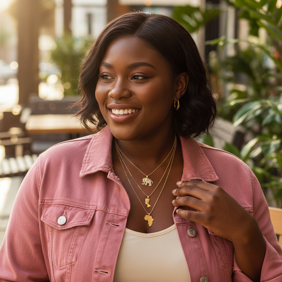 Woman wearing a pink jacket with layered necklaces outdoors