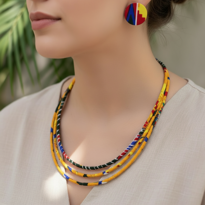 Ankara fabric-wrapped triple-strand necklace in bold red, yellow, green, and blue with matching round African print button earrings displayed on a black bust stand.