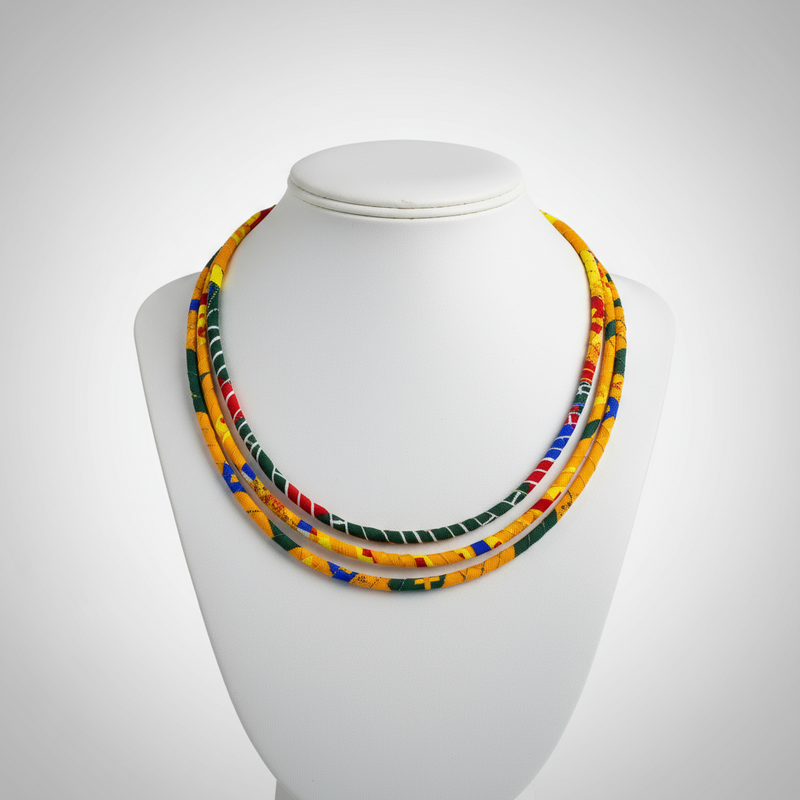 Ankara fabric-wrapped triple-strand necklace in bold red, yellow, green, and blue with matching round African print button earrings displayed on a black bust stand.