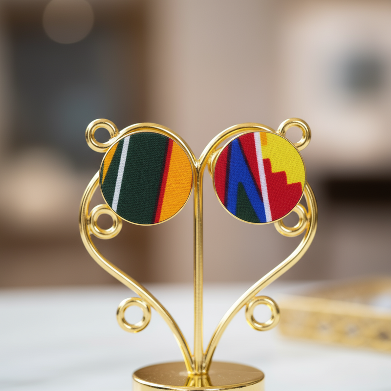 Ankara fabric-wrapped triple-strand necklace in bold red, yellow, green, and blue with matching round African print button earrings displayed on a black bust stand.