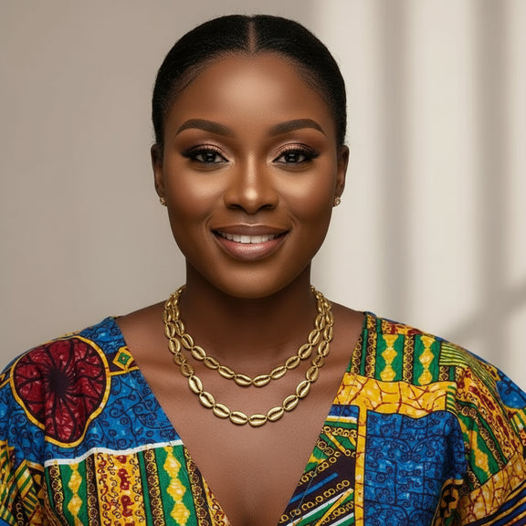 Gold necklace on a white stand with a 'Stainless Steel' label.