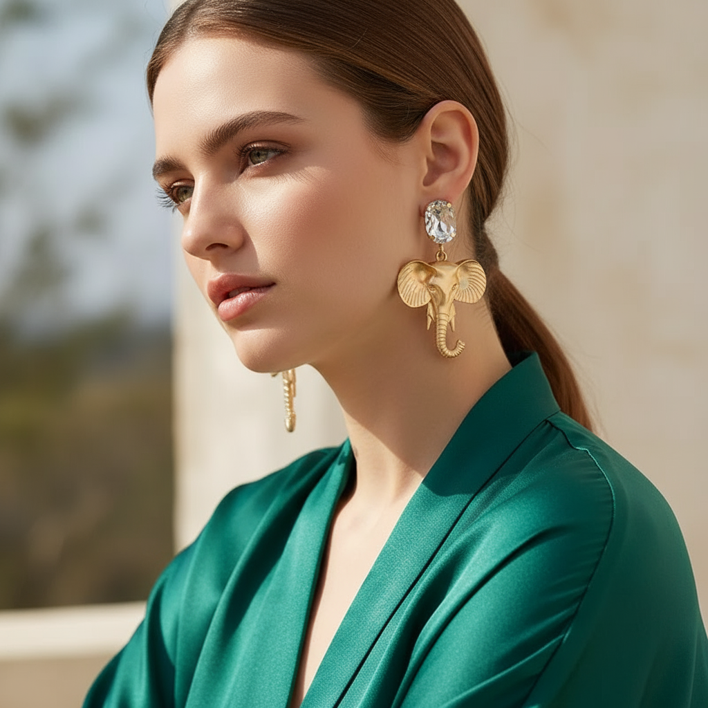 Gold elephant earrings on a light gray background