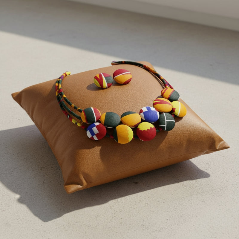Colorful necklace with round beads on a white background